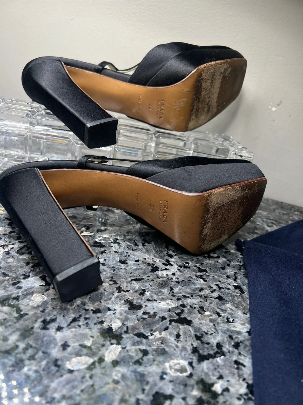 Prada Sz 38 Black Silk 4.5” Wrapped Block Heel Square Toe Heels Shoes